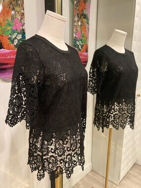 Zara Black Lace Crochet Hem Short Sleeve Top